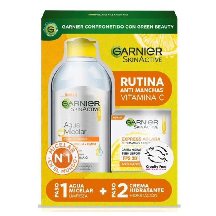 Imagen de Garnier Rutina Antimanchas  Express Aclara  agua Micelar + Crema vitamina C con Fps 30